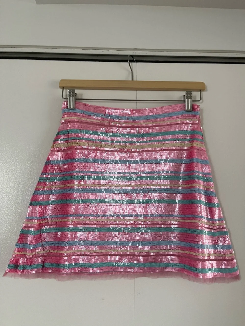LoveShackFancy Pink Sequin Stripe A-Line Mini Skirt - Picture 1 of 4